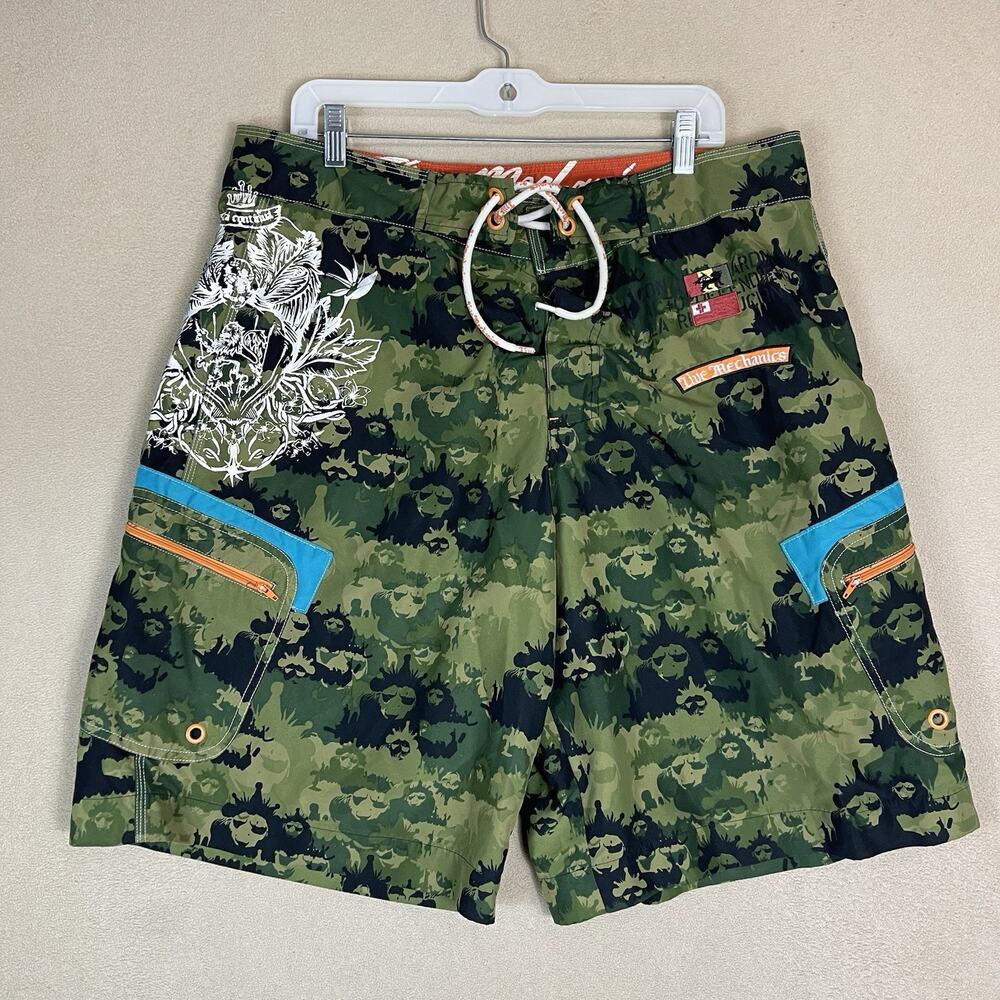 Live Mechanics Board Short Mens 36 Green Camo Lion Print Cargo‎ Drawstring Waist